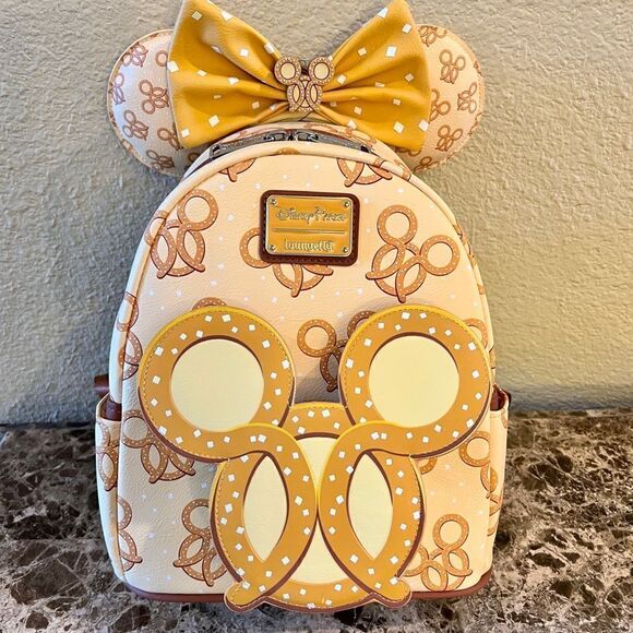 Mickey Pretzel Loungefly Backpack & Minnie Ears Headband NWT Disney Parks NEW - Picture 1 of 13